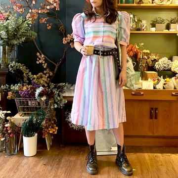 80年代 古著 美國製粉色條紋學院風洋裝