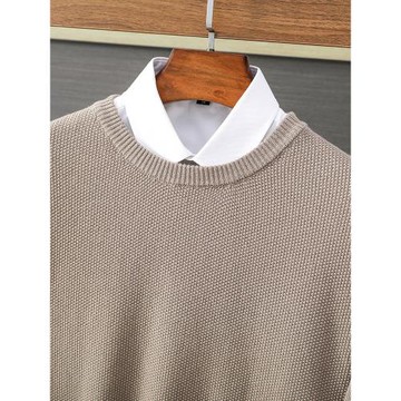 商務休閑男裝長袖針織打底衫圓領套頭精梳純棉線針織內搭保暖毛衣