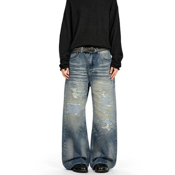 潮牌牛仔褲男美式復古水洗闊腿寬鬆直筒休閒長褲男