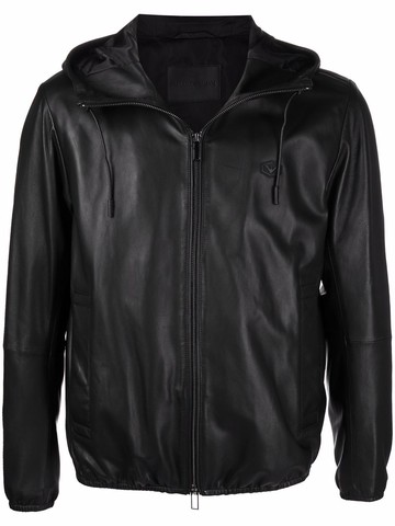 Emporio Armani - hooded logo-plaque leather jacket - men - Lamb Skin/Polyester - 56 - Black