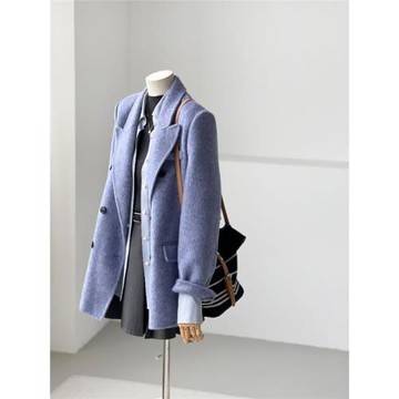 雙面羊絨大衣女2024秋冬新款韓版藍色氣質文藝通勤西裝羊毛呢外套