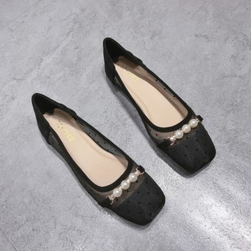 網紗涼鞋女2025夏季新款復古百搭串珠透氣單鞋波點方頭淺口平底鞋