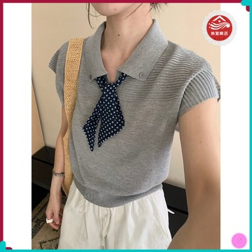桃園出貨 夏季上新🌸 灰色氣質POLO衫寬鬆小飛袖針織短袖t恤女夏季高級感薄款翻領上衣 P3FL