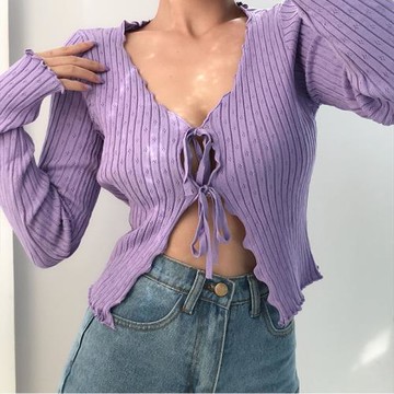 BERAN 早秋復古甜美木耳邊V領鏤空系帶長袖針織衫開衫短外套上衣