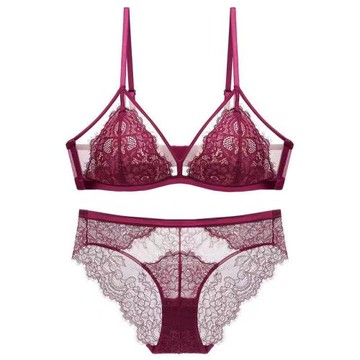 新品法式蕾絲內衣女性感眼睫毛無鋼圈胸罩薄棉三角杯聚攏文胸套裝