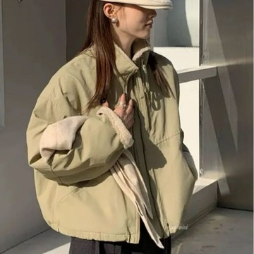 愛依依  加絨加厚外套 防風外套 保暖外套 秋冬外套 S-L新款時尚休閒顯瘦羊羔拉鍊立領外套衝鋒衣-9290.