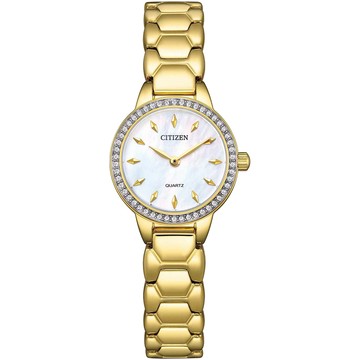CITIZEN 限量 時尚雙針白蝶貝晶鑽石英女錶 開學新裝備-金/24mm EZ7012-51D