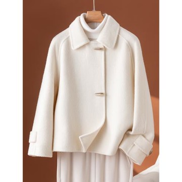 (免運)高級感白色雙面羊毛絨大衣女短款小個子2025秋新款寬松羊毛呢外套