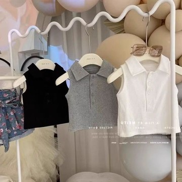🎀biubiu童裝🎀女童背心女寶寶夏季無袖POLO領上衣兒童甜美修身短款T恤