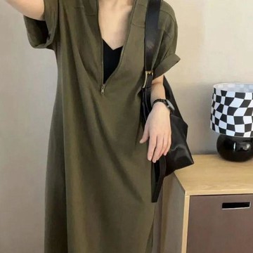 『ATC』夏日洋裝 大尺碼洋裝 大碼拉鏈長款連衣裙女 夏百搭V領裙子 寬松顯瘦遮肚長裙