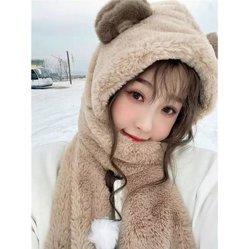 虞書欣同款圍巾女秋冬季小熊帽子一體女保暖毛絨絨可愛手套三件套