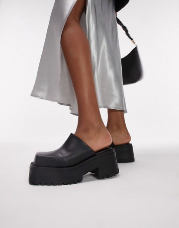 Topshop Luna premium leather chunky clog mule in black