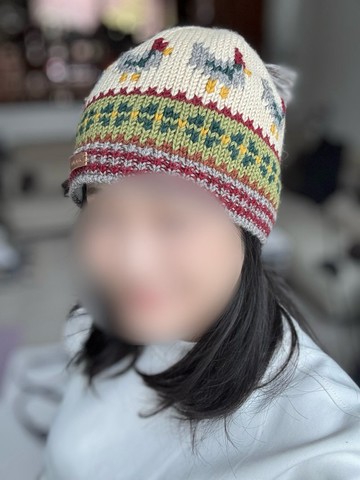 /現貨/米綠配色可愛小公雞幾何圖形純羊毛線手工編織全襯防風毛帽