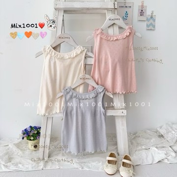 🌈✨mix1001 軟Q布料 柔和洞洞棉捲邊領背心上衣✨兒童柔軟花邊後綁帶無袖上衣 5-17