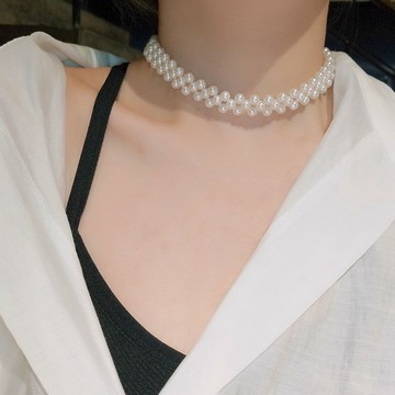 現貨-ins網紅氣質珍珠鎖骨鏈項鍊韓版個性簡約短款頸帶choker脖子飾品-D172