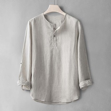 亞麻襯衫男九分袖夏季復古休閑無領套頭襯衣寬松圓領棉麻布衣服薄