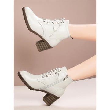 秋冬季新款白色真皮高跟馬丁靴女圓頭短筒靴女粗跟加絨小皮靴女