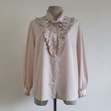 復古米白領結襯衫 女款荷葉邊高領長袖上衣 寬鬆 L