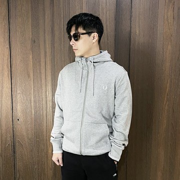 美國百分百【全新真品】Fred Perry 連帽外套 棉質 毛巾布 男款 歐洲精品 logo 夾克 灰色 CZ95