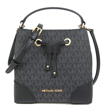 MICHAEL KORS MERCER 金字LOGO黑色防刮滿版皮革飾邊小水桶兩用包