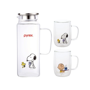 【康寧 Pyrex】SNOOPY史努比 美味早午餐耐熱玻璃水壺-1900ml+345ML*2/一壺2杯