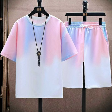 1號倉庫 夏季運動套裝 大尺碼男士套裝 2025套裝男網紅冰爽速干短袖套裝初中生男生t恤漸變運動服套裝男