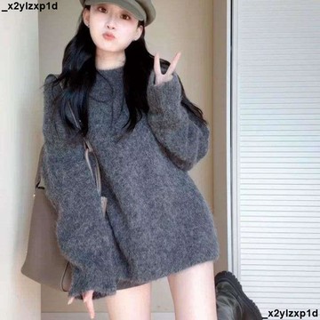 大促銷冬 女長袖 宽松 毛衣 针织上衣 深秋初冬穿搭灰色宽松慵懒风中款海马毛毛衣女美拉德针织衫上衣厚