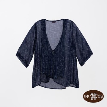 【岱妮蠶絲】純蠶絲柔美喬其紗女波浪綁帶七分袖外套-XWK41401PH(夜藍波點)