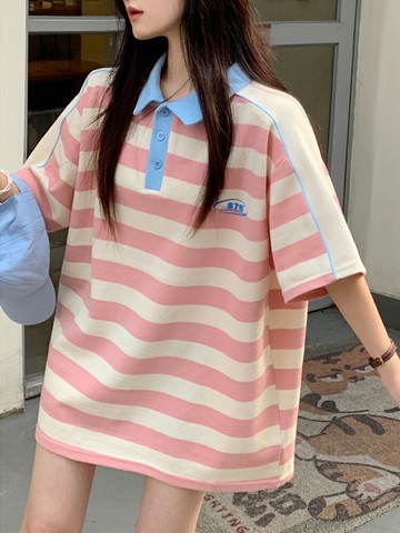 polo領撞色短袖T恤女裝夏季2022新款條紋慵懶風寬松下衣失蹤上衣