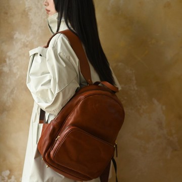 復古仿舊皮質-雙肩帶後背包-棕色