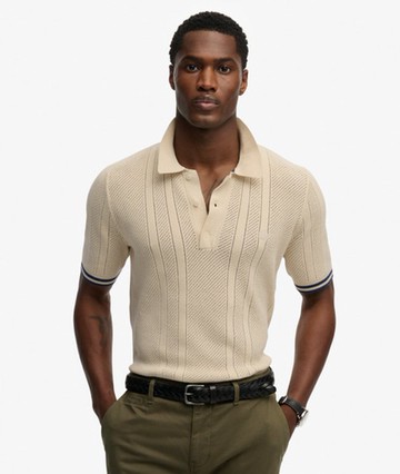 Superdry Men's Knitted Texture Short Sleeve Polo Shirt Cream Size: L