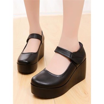 坡跟媽媽單鞋舒適厚底軟底女鞋中老年女士皮鞋防滑鞋大碼圓頭鞋女