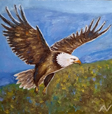 白頭海鵰原創油畫，簽名縮小鳥類藝術品