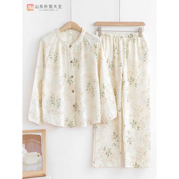 全棉睡衣女純棉紗布雙層春秋季長袖可外穿薄款家居服套裝棉麻圓領