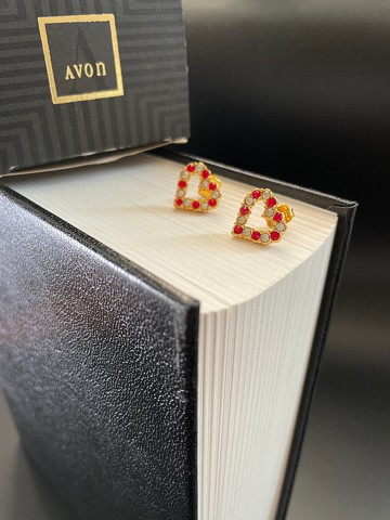 老又好古董珠寶 Vintage 金色萊茵紅色愛心針式耳環 Avon P145