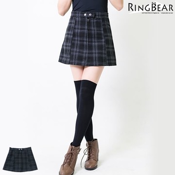 短裙--優雅俏麗經典英倫格紋風雙扣八片式毛呢短裙(黑L-5L)-Q56眼圈熊中大尺碼