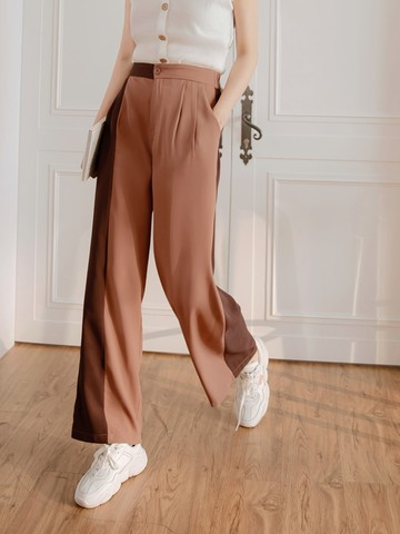 設計感撞色拼接後鬆緊寬落地褲