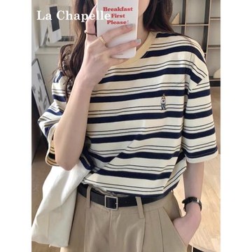 拉夏貝爾港風撞色條紋短袖t恤女夏季2026年新款復古寬松刺繡上衣