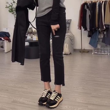 新款小個子八分大碼破洞牛仔褲女直筒彈力高腰胖妹妹顯瘦煙管褲子
