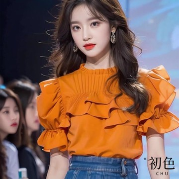 初色 素色木耳領層次感修身遮肉顯瘦泡泡短袖T恤上衣-橙色-34493(M-2XL可選)