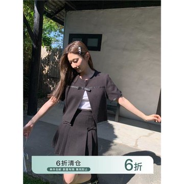 你好卡農 蝴蝶結拼接外套半身裙套裝女春短袖上衣百褶短裙兩件套