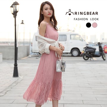 連身裙--兩件式舒適優雅細肩帶修身壓紋雪紡花邊V領細肩帶無袖洋裝(黑.粉M-3L)-D520眼圈熊中大尺碼