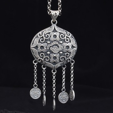 925純銀花紋流蘇吊墜復古名族風長款毛衣鏈毛衣鏈可配漢服掛墜女