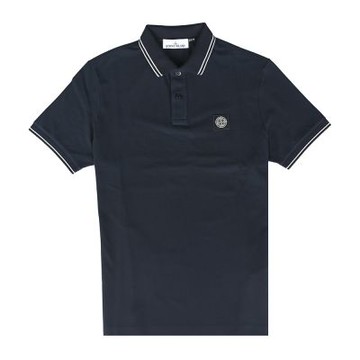 Stone Island 羅盤布徽章LOGO棉質混紡領口條紋鈕釦短袖POLO衫(男款/海軍藍)
