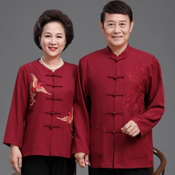 中老年夏季唐裝男薄款長袖爸媽婚禮服爺爺奶奶生日過壽短袖情侶裝