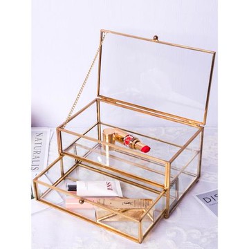 創意雙層設計首飾盒歐式收納盒珠寶透明復古展示柜玻璃銅色裝飾盒