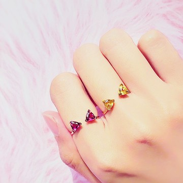 貓耳三角黃色石榴石/玫瑰榴石開口純銀電鍍18K金戒指