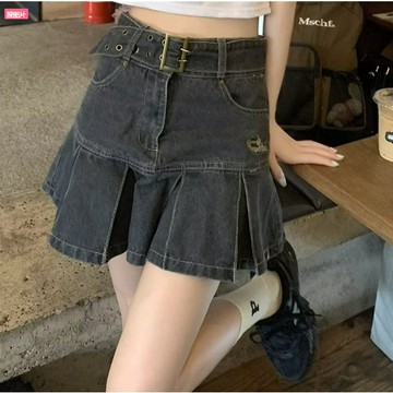 【ohi】復古辣妹 牛仔身裙 美式超短裙 百褶裙 短裙 高腰A字 無內襯水洗牛仔(XGJL151)