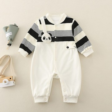 嬰幼兒秋裝連體衣男女寶寶春秋長袖熊貓條紋卡通可愛外出哈衣爬服鑫弘-萌寶童裝可開發票