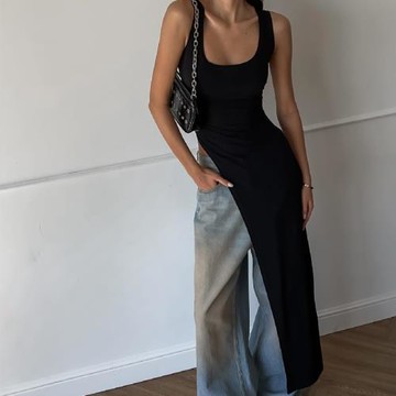 歐美辣妹U領低胸基礎款百搭吊帶背心女夏修身開叉顯瘦長款上衣ins